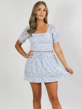 NWT Storia Smocked Puff Sleeve Gingham Print Floral Blouse and Skirt Set S Blue